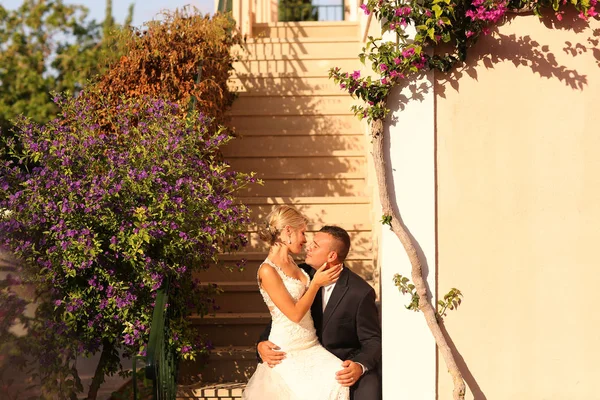 Joyful brudparet embracing nära färgglada blommor — Stockfoto