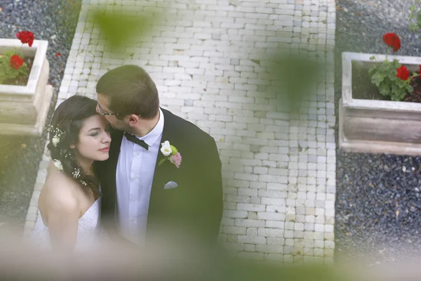 Beautiful bridal couple embracing on wedding day — Stock Photo, Image