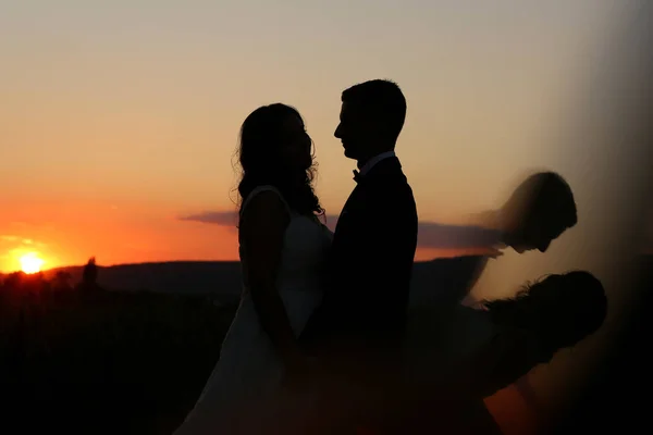 Silhouette of bride and groom at sunset — Stock Photo, Image