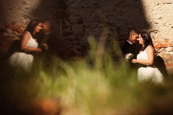 Mariée et marié embrassant près du mur de briques — Photo