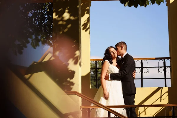 Bruidegom zijn bruid kussen — Stockfoto