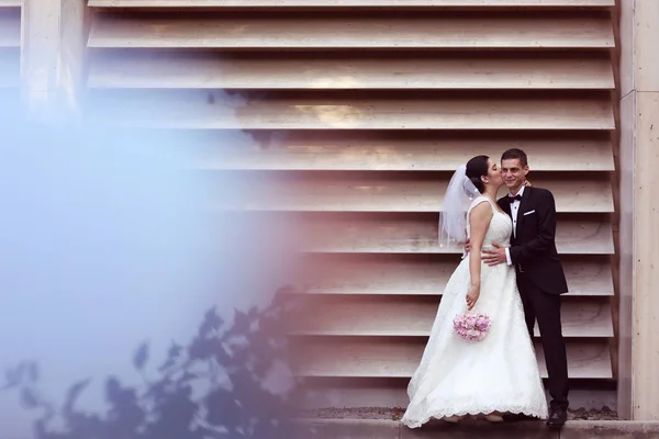 Braut und Bräutigam umarmen sich im Freien — Stockfoto
