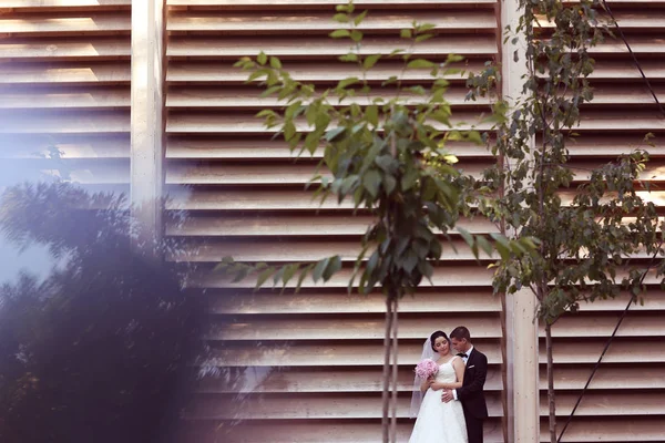 Bruden och brudgummen embracing utomhus — Stockfoto