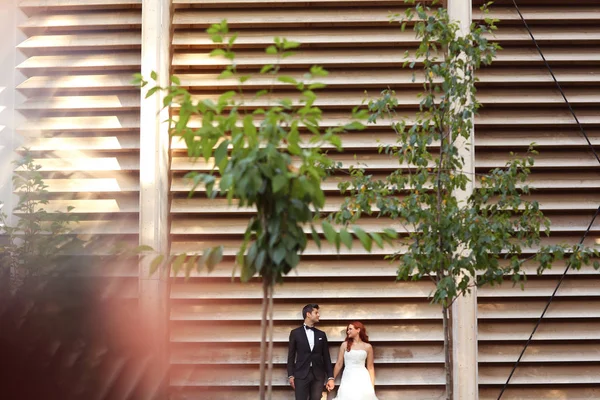 Beau couple nuptial embrassant près du mur dépouillé — Photo