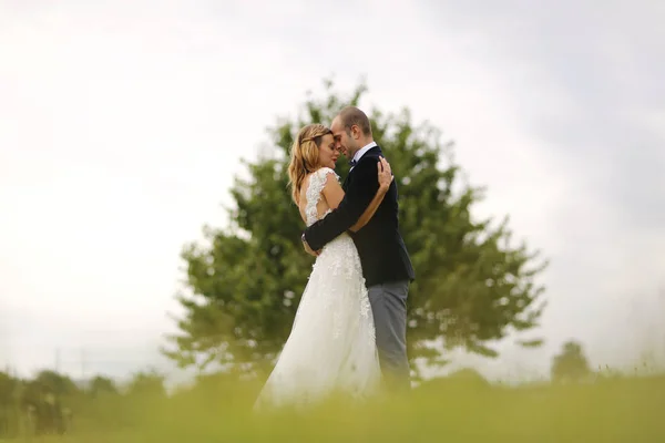 Braut und Bräutigam umarmen sich im Freien — Stockfoto