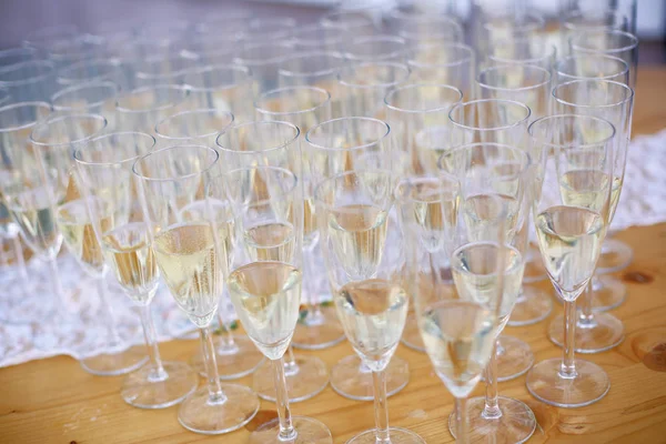 Många champagneglas i rad — Stockfoto