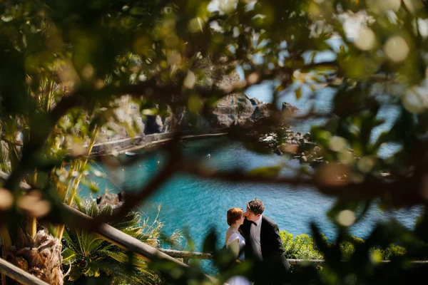 Bräutigam und Braut auf den Felsen am Meer — Stockfoto