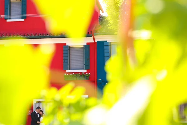 Groom and bride posing in front of a red house — Stock Photo, Image