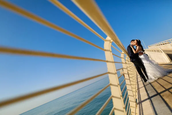 新郎と新婦の海のそばの橋のポーズ — ストック写真