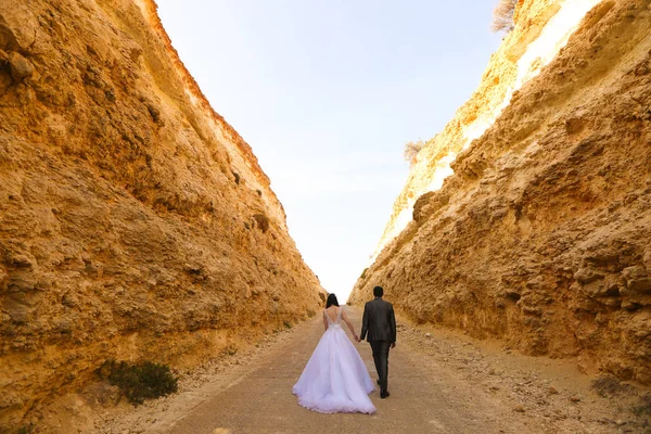 Noiva e noivo ao ar livre em uma estrada com paredes — Fotografia de Stock