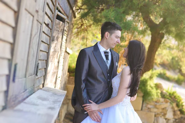 Groom and bride posing in sunlight — Stock Photo, Image