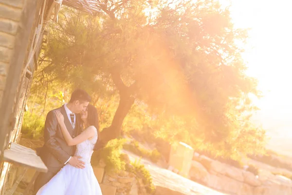 Damat ve gelin poz güneş ışığı altında — Stok fotoğraf