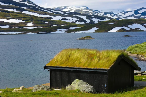Casa con césped en el techo cerca del lago — Foto de Stock