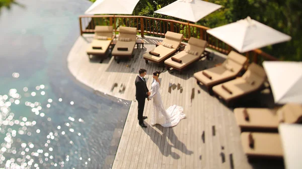 Νύφη και γαμπρός κοντά στην πισίνα σε ένα τροπικό νησί — Φωτογραφία Αρχείου