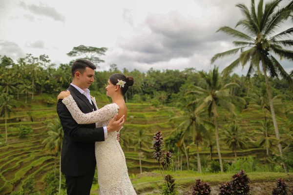 Bruden och brudgummen nära ris plantage — Stockfoto