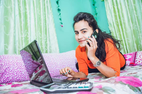 Beautiful Asian Girl Working Home Kitchen Laptop Smart Phone Headphone — Stock Photo, Image