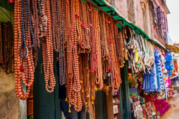 Rudraksha Mala Bönepärlor Shop Katmandu Nepal Hängande Rudraksha Pärlor Marknaden — Stockfoto