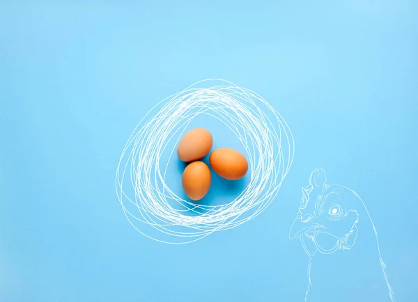 Tres huevos de pollo aislados sobre fondo azul y nido dibujado un — Foto de Stock