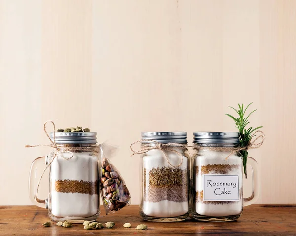 mix of flour, sugar, nuts for baking in a jar . Handmade gift.