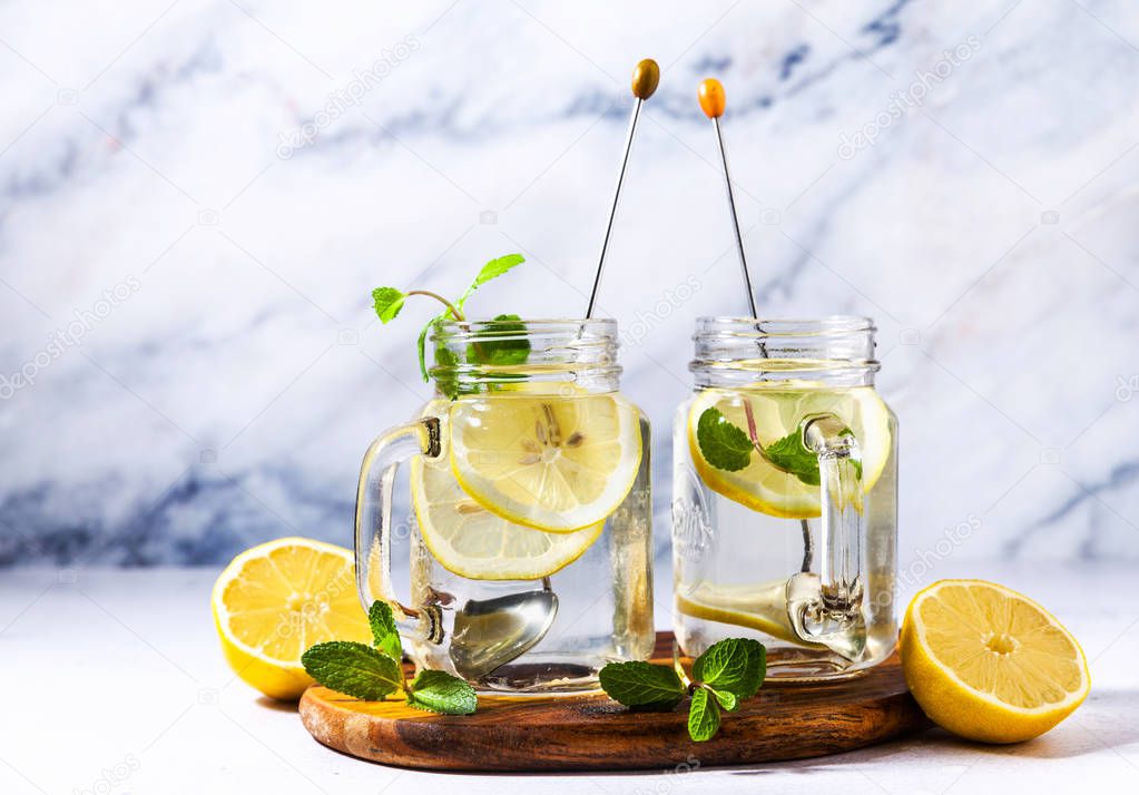 healthy eating, drinks, diet, detox . lemon water with mint in g