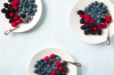 Beyaz tabak içinde çeşitli taze yaz meyveleri ile meyve salatası. T