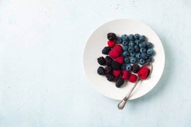 Beyaz tabak içinde çeşitli taze yaz meyveleri ile meyve salatası. T