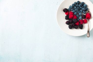 Beyaz tabak içinde çeşitli taze yaz meyveleri ile meyve salatası. T