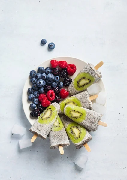 Kiwi Coconut Chia Popsicles and fresh ripe forest berries on the — Stock Photo, Image