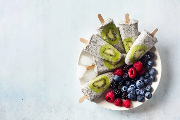 Kiwi Coconut Chia Popsicles and fresh ripe forest berries on the — Stock Photo, Image