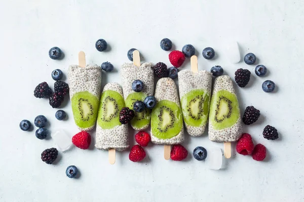 Kiwi Coconut Chia Popsicles and fresh ripe forest berries on the — Stock Photo, Image
