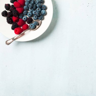 Beyaz tabak içinde çeşitli taze yaz meyveleri ile meyve salatası. T