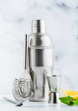 Bar aksesuarları kokteyl yapmak için kümesi. Sarsıcı, banyo, stra