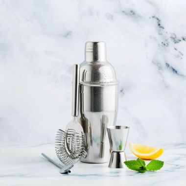 Bar aksesuarları kokteyl yapmak için kümesi. Sarsıcı, banyo, stra