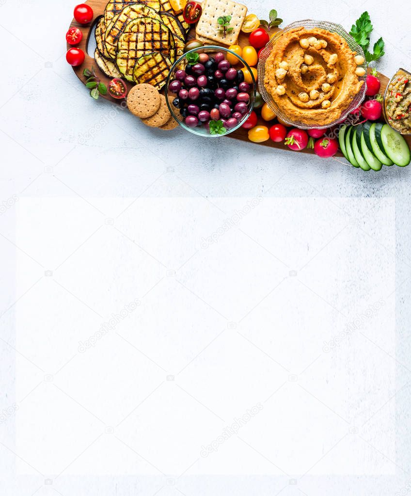 banner of Vegan snack board. Flat-lay of Various Vegetarian dish