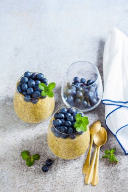 Puding Karpuzu yaban mersini ve min Chia tohum ve mango püresi