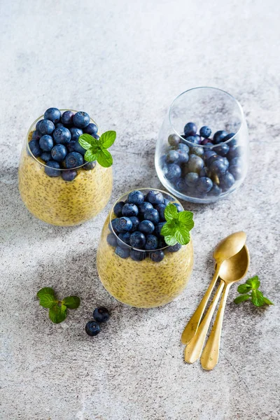 Chia seed and mango puree pudding with berries blueberry and min — Stock Photo, Image