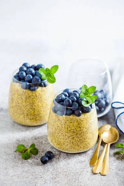 Chia seed and mango puree pudding with berries blueberry and min — Stock Photo, Image