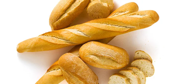 Bandeira de baguete de pão branco fresco e pão isolado em um branco — Fotografia de Stock