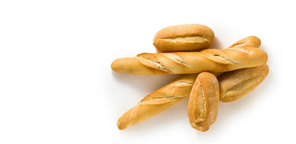 Bandeira de baguete de pão branco fresco e pão isolado em um branco — Fotografia de Stock