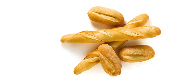 Banner van vers wit brood baguette en broodje geïsoleerd op een wit — Stockfoto