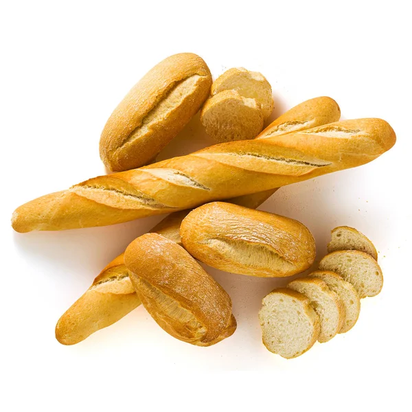 Pão branco fresco baguete e pão isolado em um backgroun branco — Fotografia de Stock