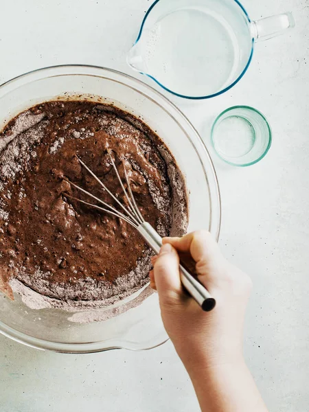 Mixing Dough Chocolate Cake Bowl Female Hands Kitchen Whisk Recipe — Stock Photo, Image