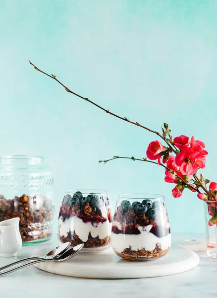 Morning Dessert Granola Glass Yogurt Jam Fresh Berries Spring Branches — Stock Photo, Image