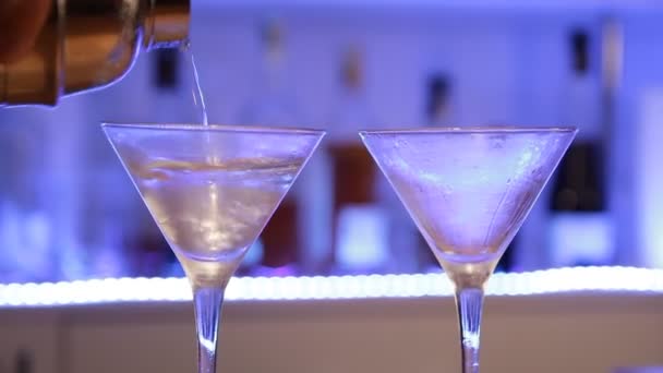 Barman gin Gibson cocktail bereiden. Vrouw maken van alcoholische cocktail met uien, close-up. Handheld schot. — Stockvideo