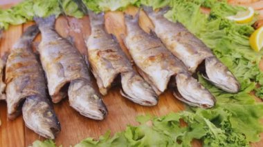 Pişmiş kırmızı somon salata ile. Yeşiller ve yemek Festivali masada üzerinde limon ile pişmiş balık fileto.