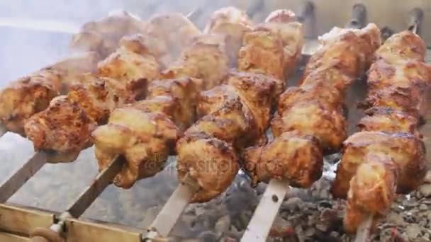 Fresh meat barbecue on skewers close up. Grilled meat cooking at the bbq street food festival. Slow motion. — Stock Video