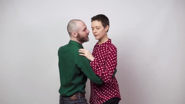 Romantic Couple Dancing White Background Man Woman Dancing Slow Blues — Stock Video