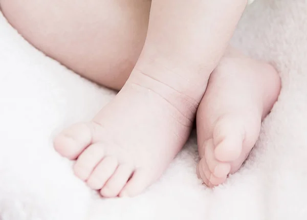 Baby Feet Soft Plaid Close View — Stockfoto