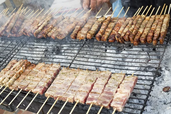 Meat Skewers Preparing Grill — Stok fotoğraf