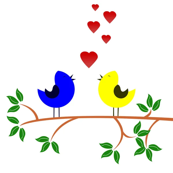 Sur Une Branche Arbre Deux Oiseaux Amour Dessinent — Photo